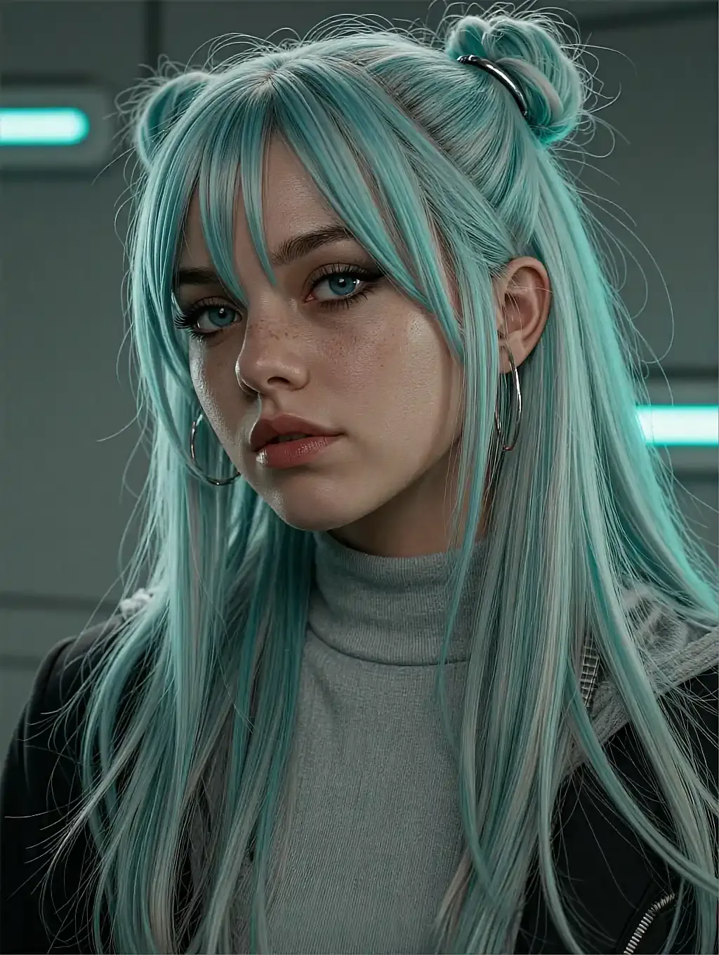 Fictional AI character featured on the first landing page, seated by a window